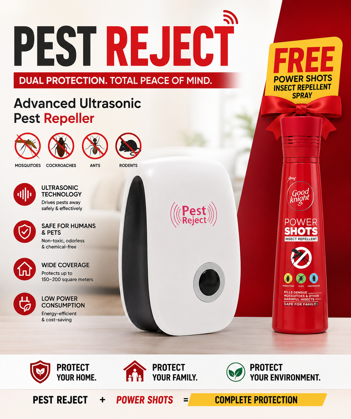 Pest Reject — Advanced Ultrasonic Pest Repeller with FREE Power Shots